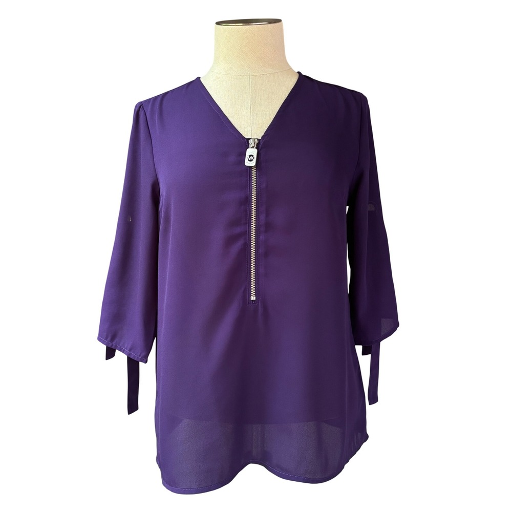 Michael Michael Kors Blouse Women S Purple Zip V-Neck Tie Sleeve Workwear Top